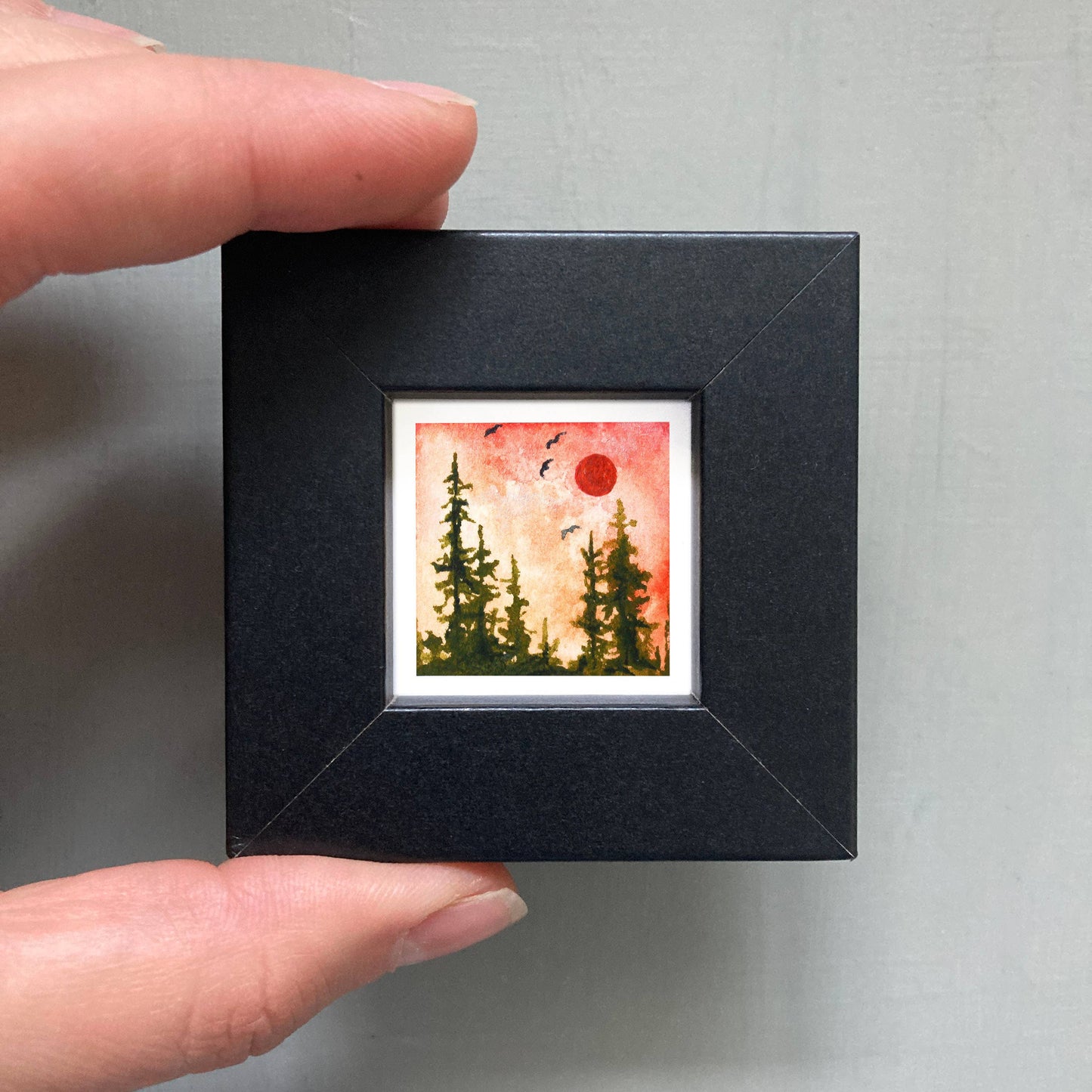 Mini 1" Pine Tree Forest Sunset Tiny Watercolor Landscape