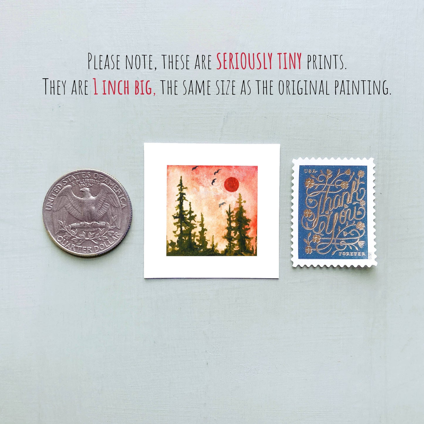 Mini 1" Pine Tree Forest Sunset Tiny Watercolor Landscape