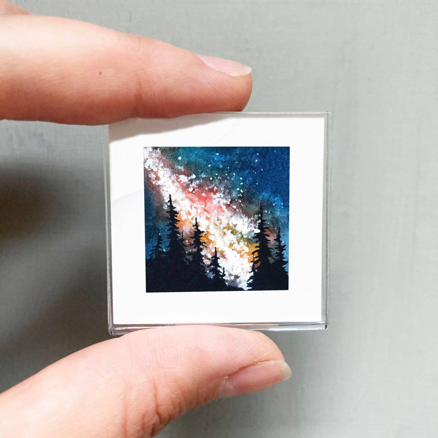Mini 1" Galaxy Forest Pine Trees Tiny Watercolor Print Sky