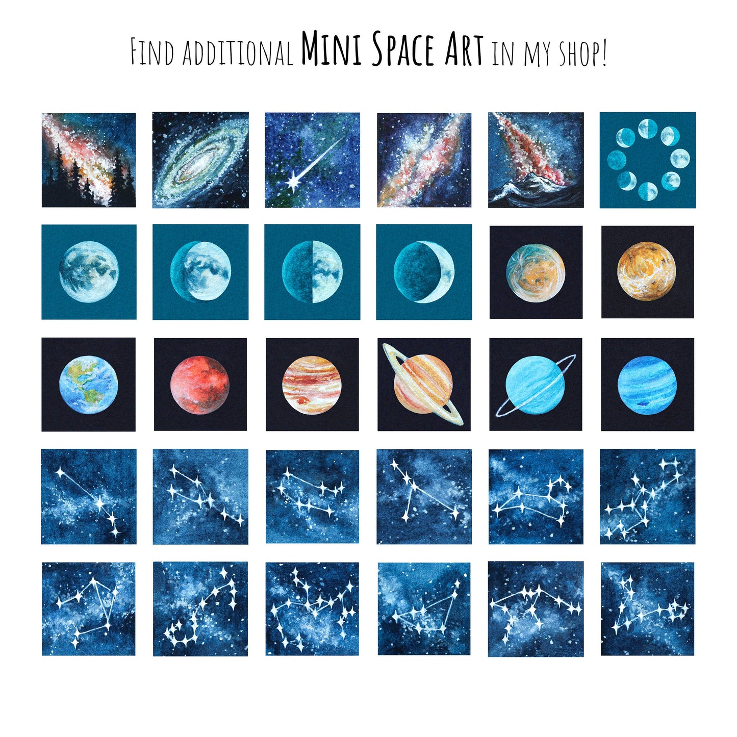 Mini 1" Galaxy Forest Pine Trees Tiny Watercolor Print Sky