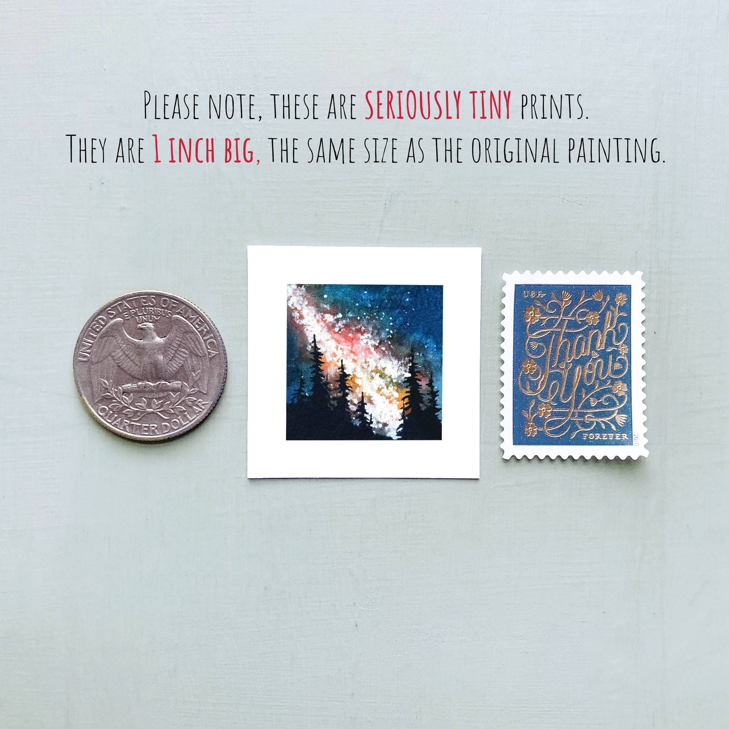 Mini 1" Galaxy Forest Pine Trees Tiny Watercolor Print Sky