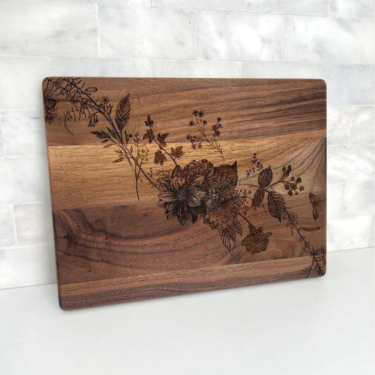 Solid Walnut Wood Whimsical Floral Cutting Board