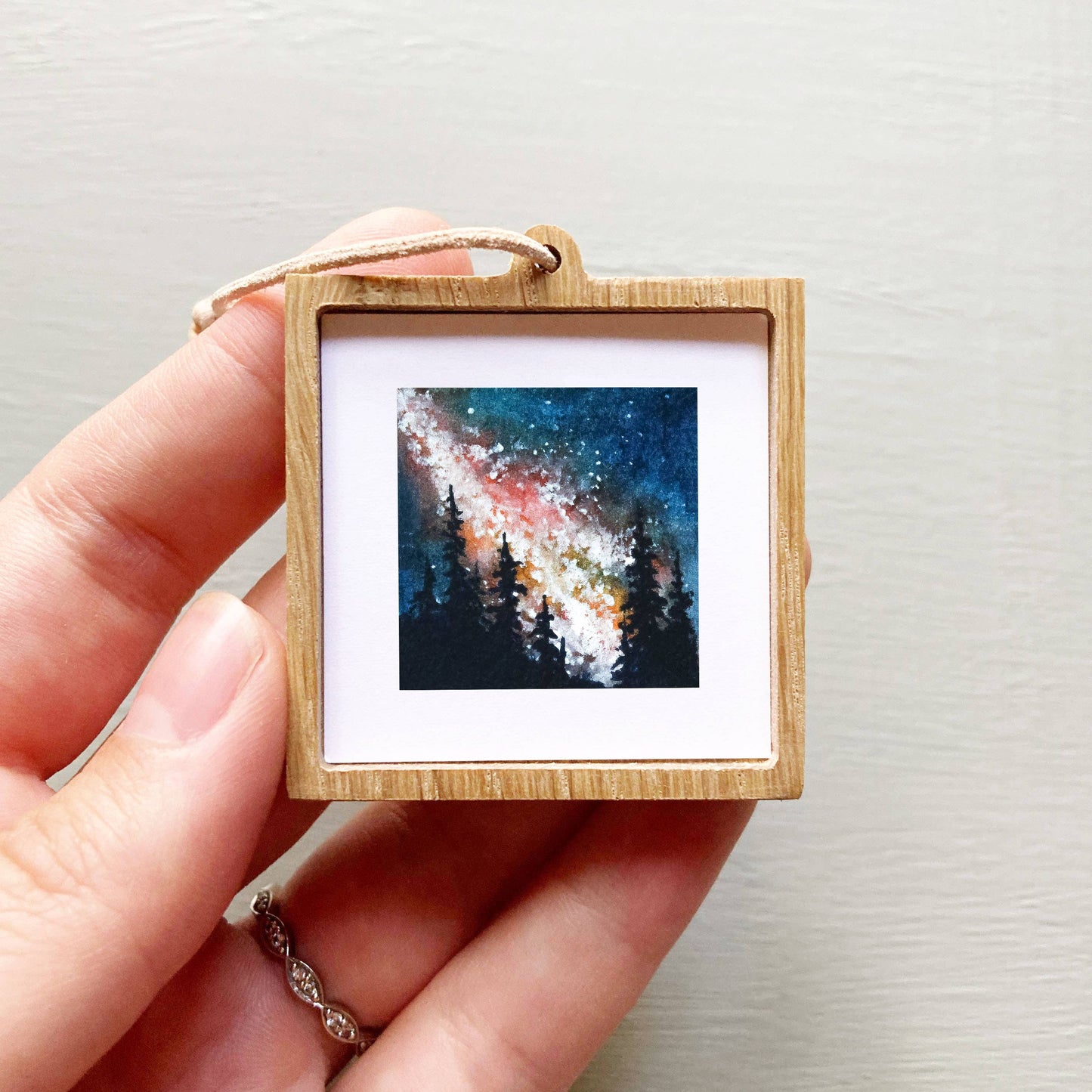 Mini 1" Galaxy Forest Pine Trees Tiny Watercolor Print Sky