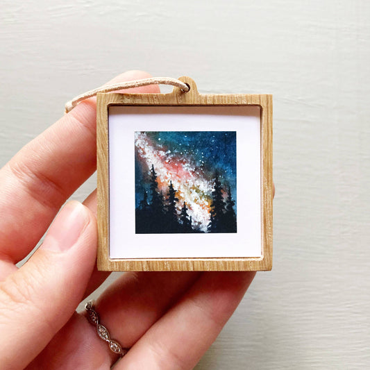 Mini 1" Galaxy Forest Pine Trees Tiny Watercolor Print Sky