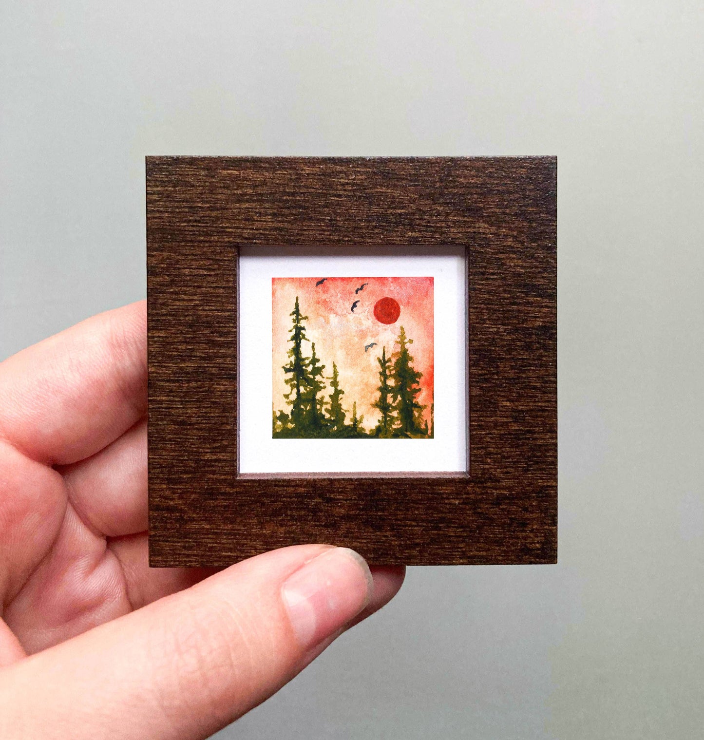 Mini 1" Pine Tree Forest Sunset Tiny Watercolor Landscape