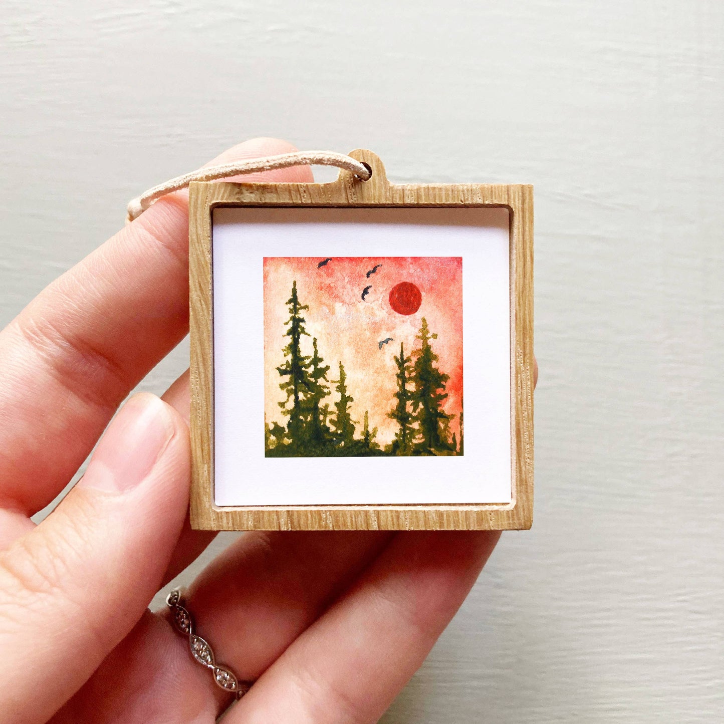 Mini 1" Pine Tree Forest Sunset Tiny Watercolor Landscape