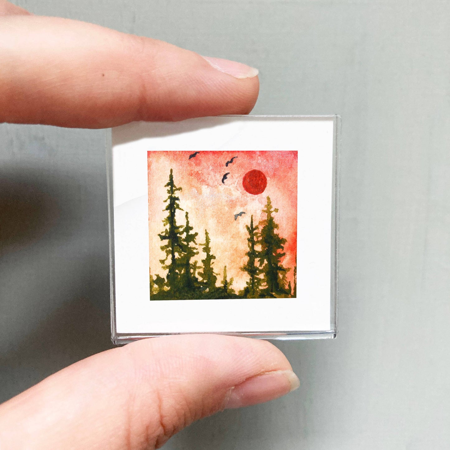 Mini 1" Pine Tree Forest Sunset Tiny Watercolor Landscape